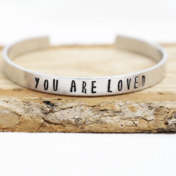 You Are Loved - Hand Stamped Anodized Aluminum Bangle - Adjustable - Picture 1 of 11
